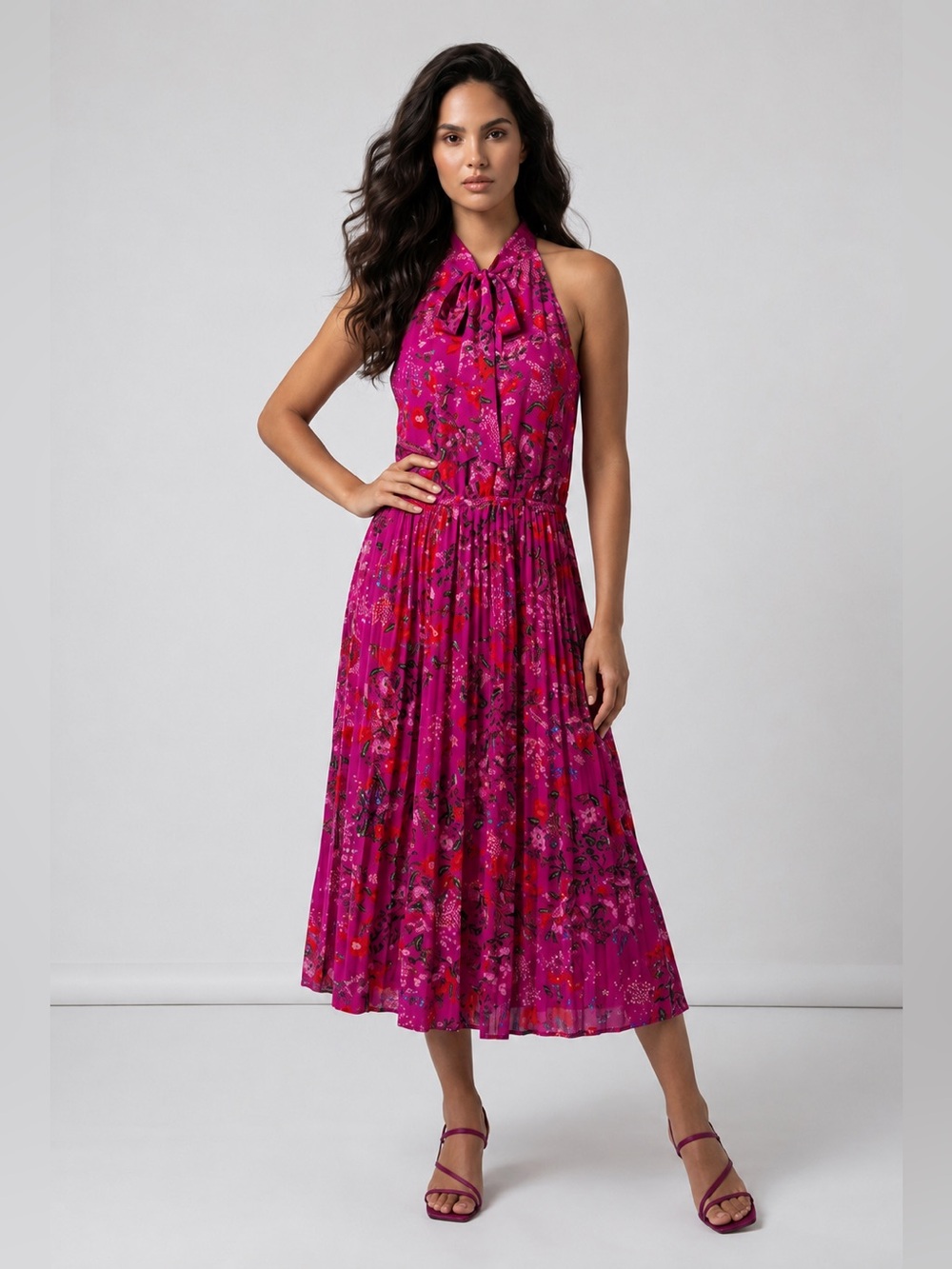 Halter Neck Floral Midi Dress in Magenta